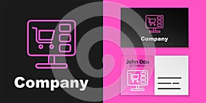 Pink line Shopping cart on screen computer icon isolated on black background. Concept e-commerce, e-business, online
