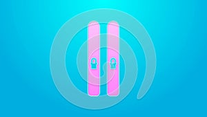 Pink line Ski and sticks icon isolated on blue background. Extreme sport. Skiing equipment. Winter sports icon. 4K Video