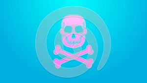 Pink line Skull on crossbones icon isolated on blue background. Happy Halloween party. 4K Video motion graphic animation