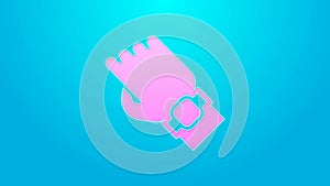 Pink line Smart watch on hand icon isolated on blue background. Fitness App concept. 4K Video motion graphic animation