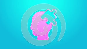 Pink line Solution to the problem in psychology icon isolated on blue background. Puzzle. Therapy for mental health. 4K