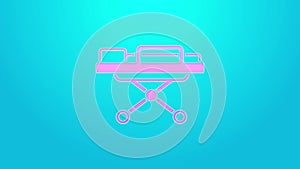 Pink line Stretcher icon isolated on blue background. Patient hospital medical stretcher. 4K Video motion graphic
