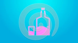 Pink line Tequila bottle and shot glass icon isolated on blue background. Mexican alcohol drink. 4K Video motion graphic