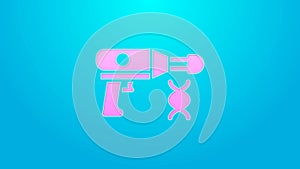Pink line Transfer liquid gun in biological laborator icon isolated on blue background. 4K Video motion graphic