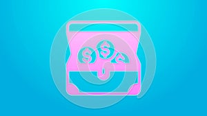 Pink line Treasure chest icon isolated on blue background. 4K Video motion graphic animation