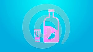 Pink line Vodka with pepper and glass icon isolated on blue background. Ukrainian national alcohol. 4K Video motion