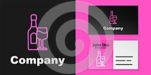 Pink line Wine bottle with glass icon isolated on black background. Logo design template element. Vector