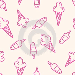 Pink Linework Hand-Drawn Felt Tip Marker Melting Ice Cream Cones and Scoops Vector Seamless Pattern photo