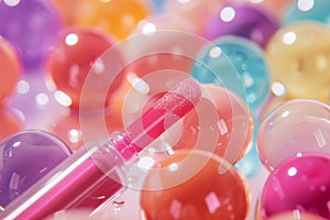 Pink lip gloss applicator surrounded by colorful glossy balls