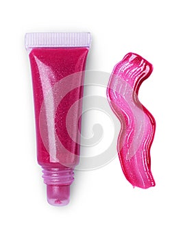Pink lips gloss tube and stroke