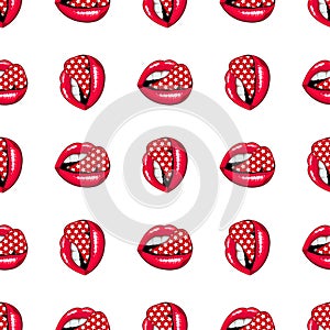 Pink lips seamless pattern on a background.