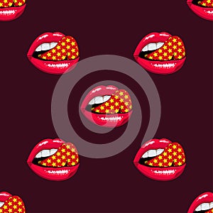 Pink lips seamless pattern on a background.