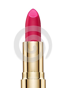 Pink lipstick in gold isolated on white background. Cosmetic makeup product sample