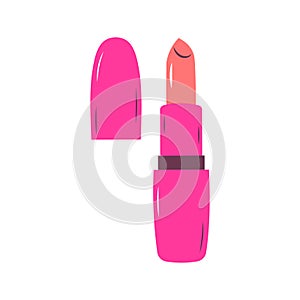 Pink lipstick. Open cosmetic tube. Fashion glamour makeup icon