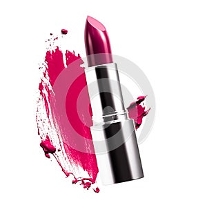 Pink lipstick and sample texture isolated on white background, beauty make-up cosmetics and luxury makeup product, generative ai