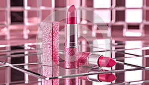 Pink lipstick on a shiny surface.