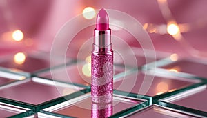 Pink lipstick on a shiny surface.