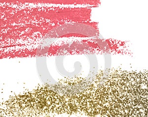 Pink lipsticks smears, gold glitter, abstract background with cosmetics