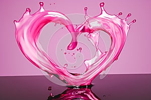 pink liquid oil heart shape splash reflection on creamy water background, generative AI