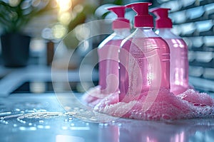 Pink liquid soap bottles with bubbles on table, hygiene concept for hand washing.