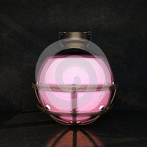 pink liquid in a spherical flask on a black background