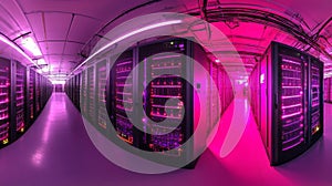 Pink Lit Data Center Server Room Interior
