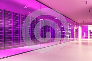 Pink-lit server room corridor, data center interior