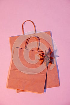 Pink lit two flat paper bags with rope handles and origami star.