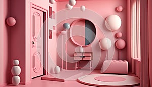 Pink living room interior design. Home background furniture 3d rendering of architecture modern house. Generative Ai