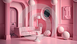 Pink living room interior. Home background furniture 3d rendering of architecture modern house wall. Generative Ai