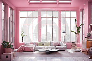 Pink living room interior with pink sofa, coffee table and city view