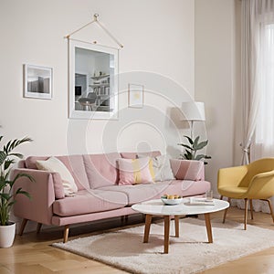 Pink living room interior with yellow armchair standing near coffee table with books and vertical poster on the wall. ing mock up