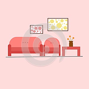 Pink living room, sofa, 2 tables, flower vase and beautiful frame