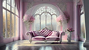 pink living room with sofa