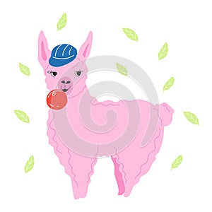 A pink llama in a cap and with a bubble of inflated chewing gum.
