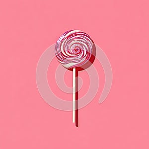 Swirled Pink and White Lollipop on a Wooden Stick in Bright Studio Light