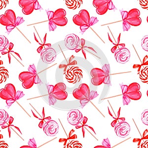 Pink lollypops watercolor seamless vector pattern