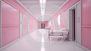 Pink Long hospital bright corridor with rooms and seats