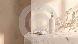 Pink lotion dispenser on marble bathroom countertop with blurred background