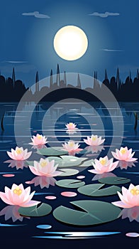 Pink Lotus floating on pond landscape. Nature blooming lake waterlily flowers. Diwali greeting background concept