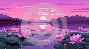 Pink Lotus floating on pond landscape. Nature blooming lake waterlily flowers. Diwali greeting background concept