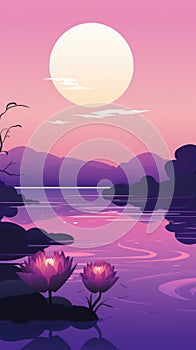 Pink Lotus floating on pond landscape. Nature blooming lake waterlily flowers. Diwali greeting background concept