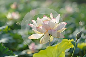 Pink lotus flower blooming on tranquil water surface with lily pads, tropical garden beauty