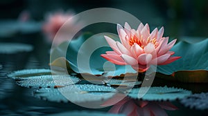 Pink lotus flower blooms above the water, surrounded by large green lily pads with dew drops