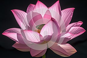 Pink lotus flower blooms against a dark background, its petals translucent with sunlight shining through