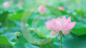 Pink lotus flower blooms gracefully, its petals opened wide, set against a lush background of green leaves and a soft, diffused