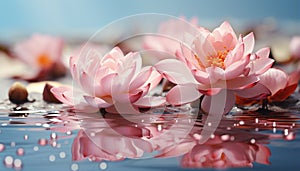 The pink lotus flower blossoms in the tranquil pond generated by AI