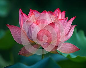 Pink lotus flower with delicate petals highlighted by the sun, stands against a dark green leafy background, showcasing its