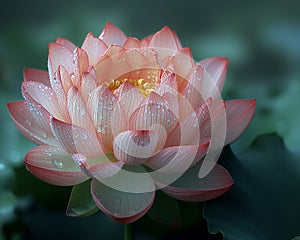 Pink lotus flower with delicate water droplets stands out with its vibrant petals against the dark green lily pads in the