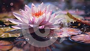 Pink lotus flower floating on tranquil pond generated by AI